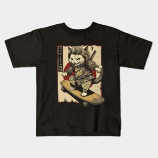 Skateboard Samurai Cat Tattoo, Kawaii Ninja Cat Kids T-Shirt